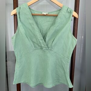 Vintage Y2k Babydoll Tank Top 12 P V Neck 100% Linen Minimalist Quiet Luxury Zip